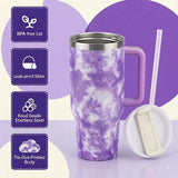 Purple stainless steel water tumbler bottle with tie-dye design