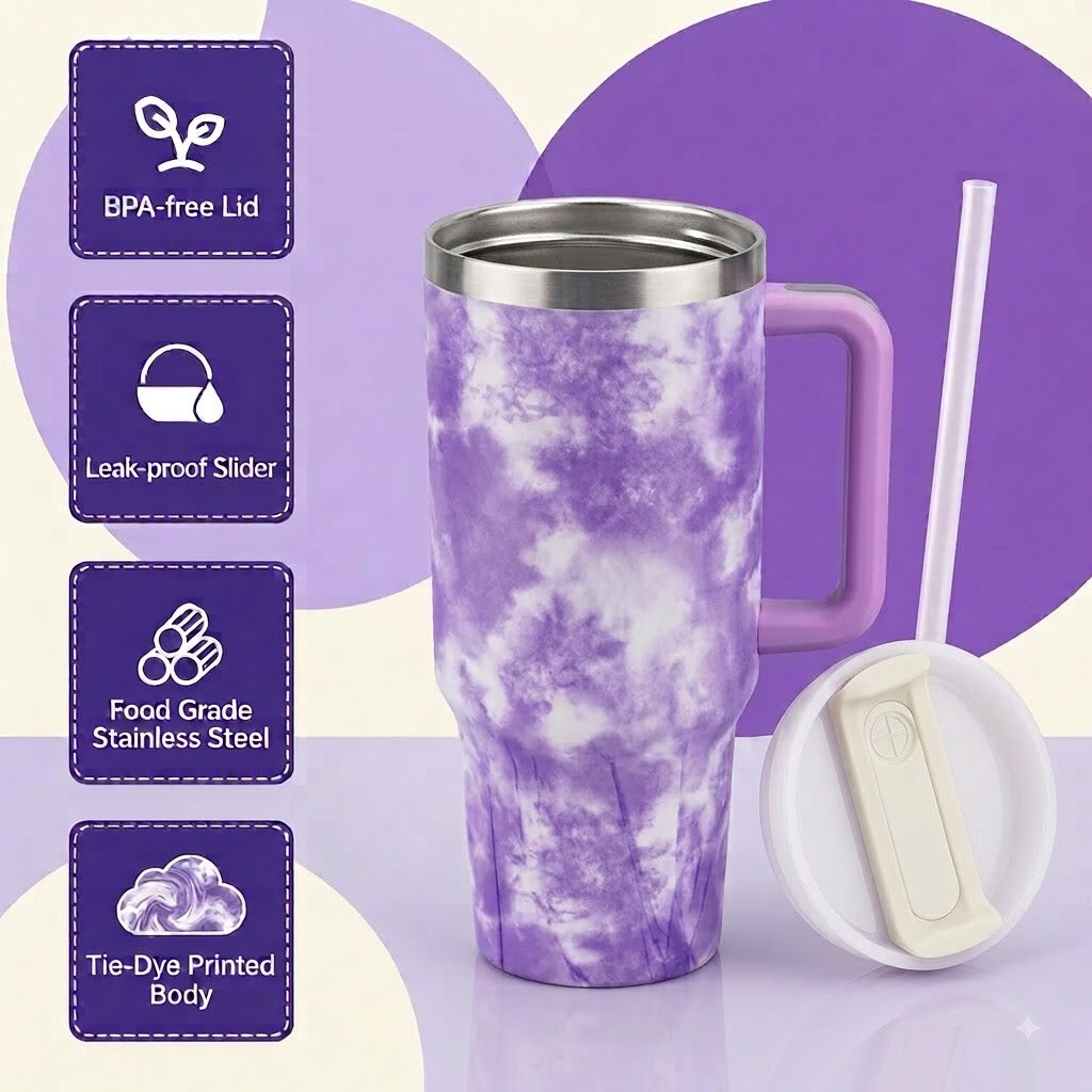 Purple stainless steel water tumbler bottle with tie-dye design
