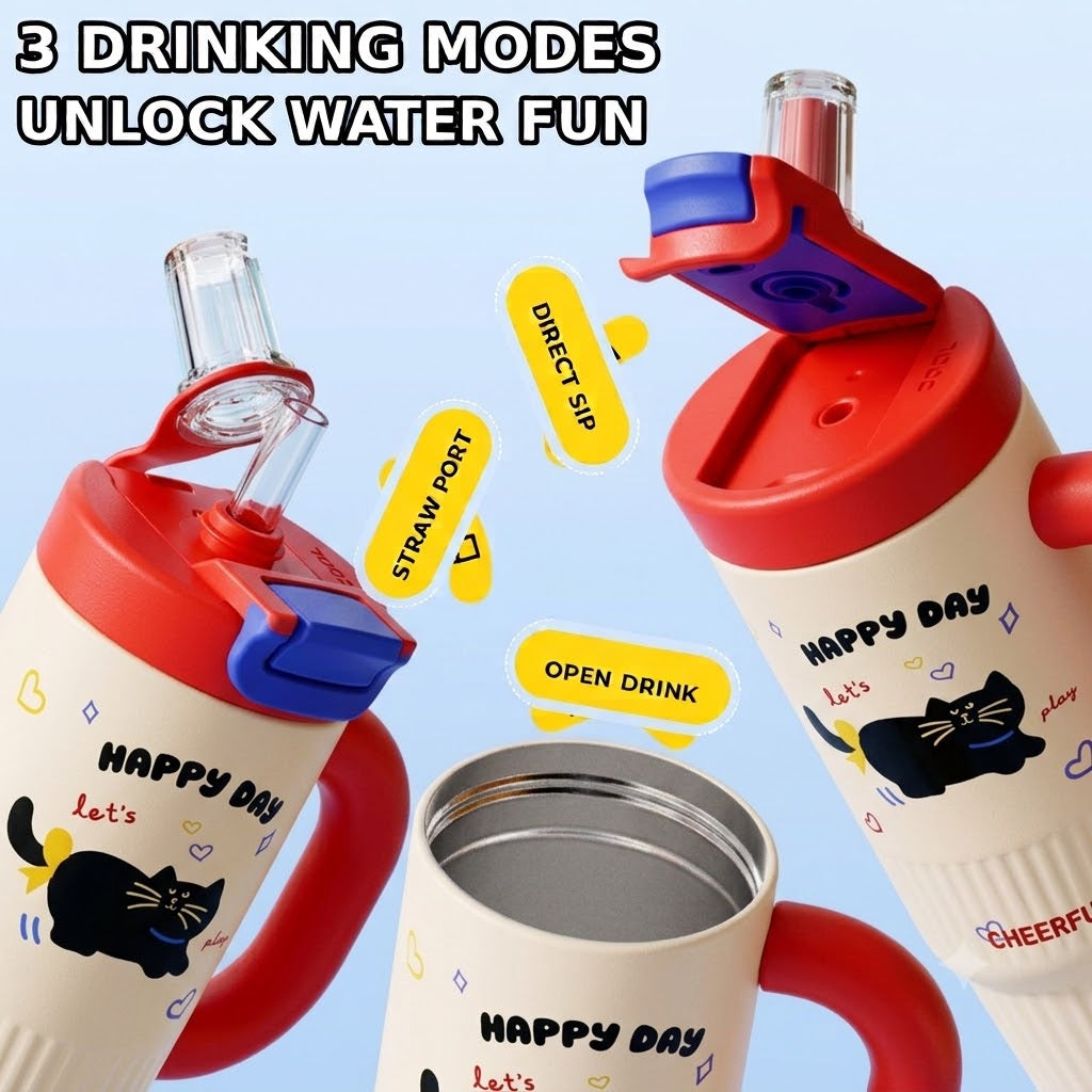 Red stainless steel water tumbler bottle with cat design-1