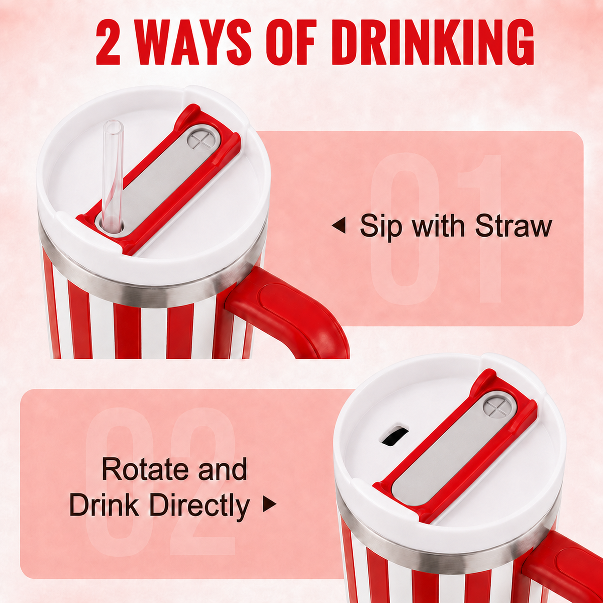 Red and white stainless steel water tumbler bottle with striped design-2