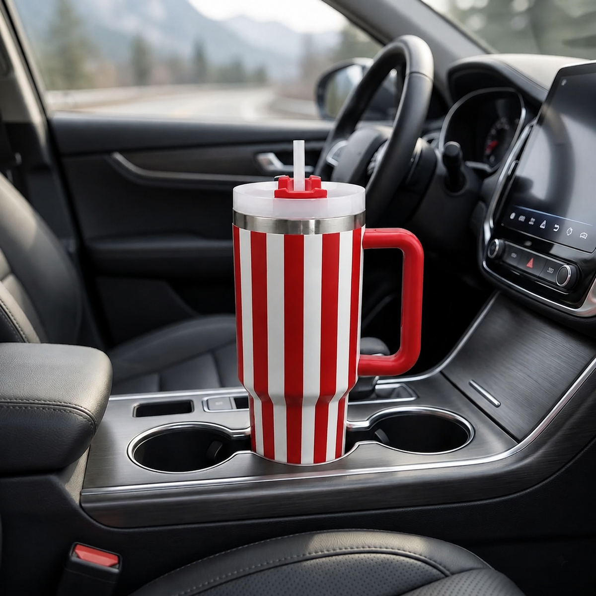 Red and white stainless steel water tumbler bottle with striped design-3