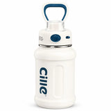 White insulated stainless steel water bottle with blue carry handle and push-button lid