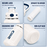 White insulated water bottle features including secure lock, tea infuser, ergonomic grip and non-slip base