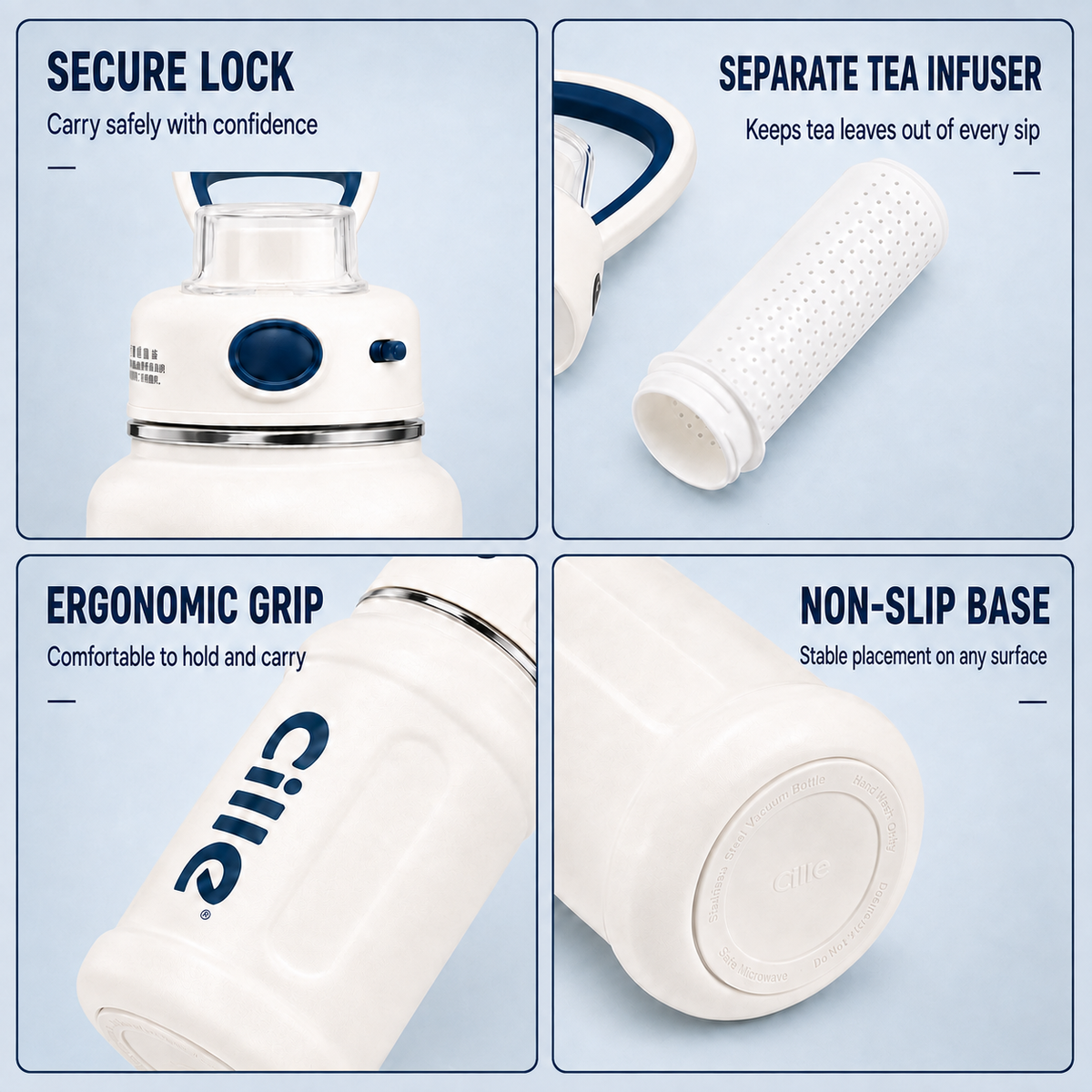 White insulated water bottle features including secure lock, tea infuser, ergonomic grip and non-slip base