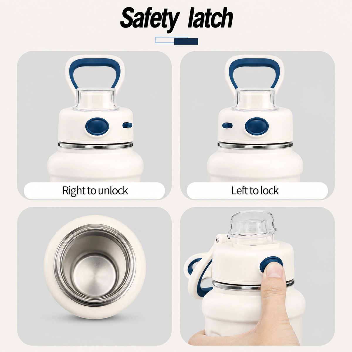 Safety-lock instructions for white insulated water bottle showing lock, unlock and push-button operation