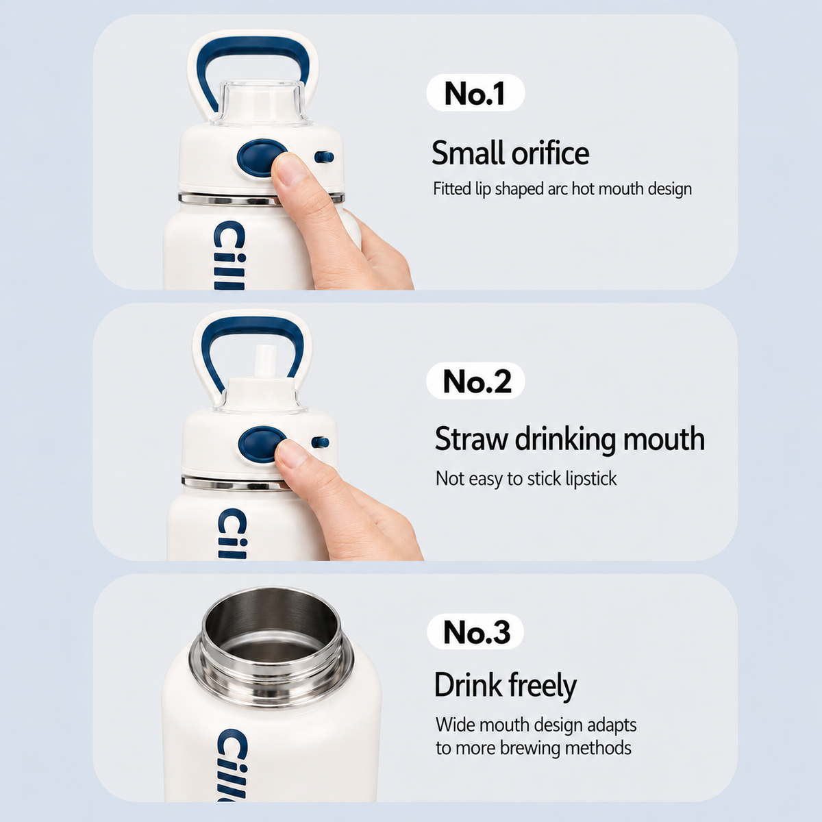 white insulated water bottle with direct sipping spout, straw opening and wide-mouth drinking options
