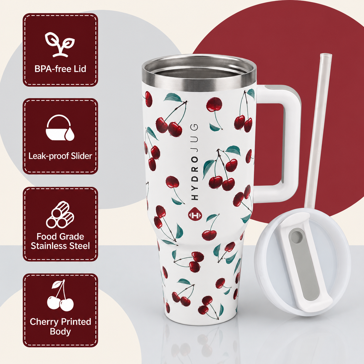 White stainless steel water tumbler bottle with cherry design-1