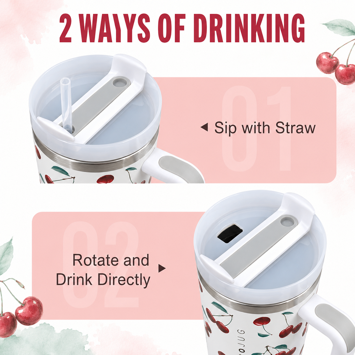 White stainless steel water tumbler bottle with cherry design-2