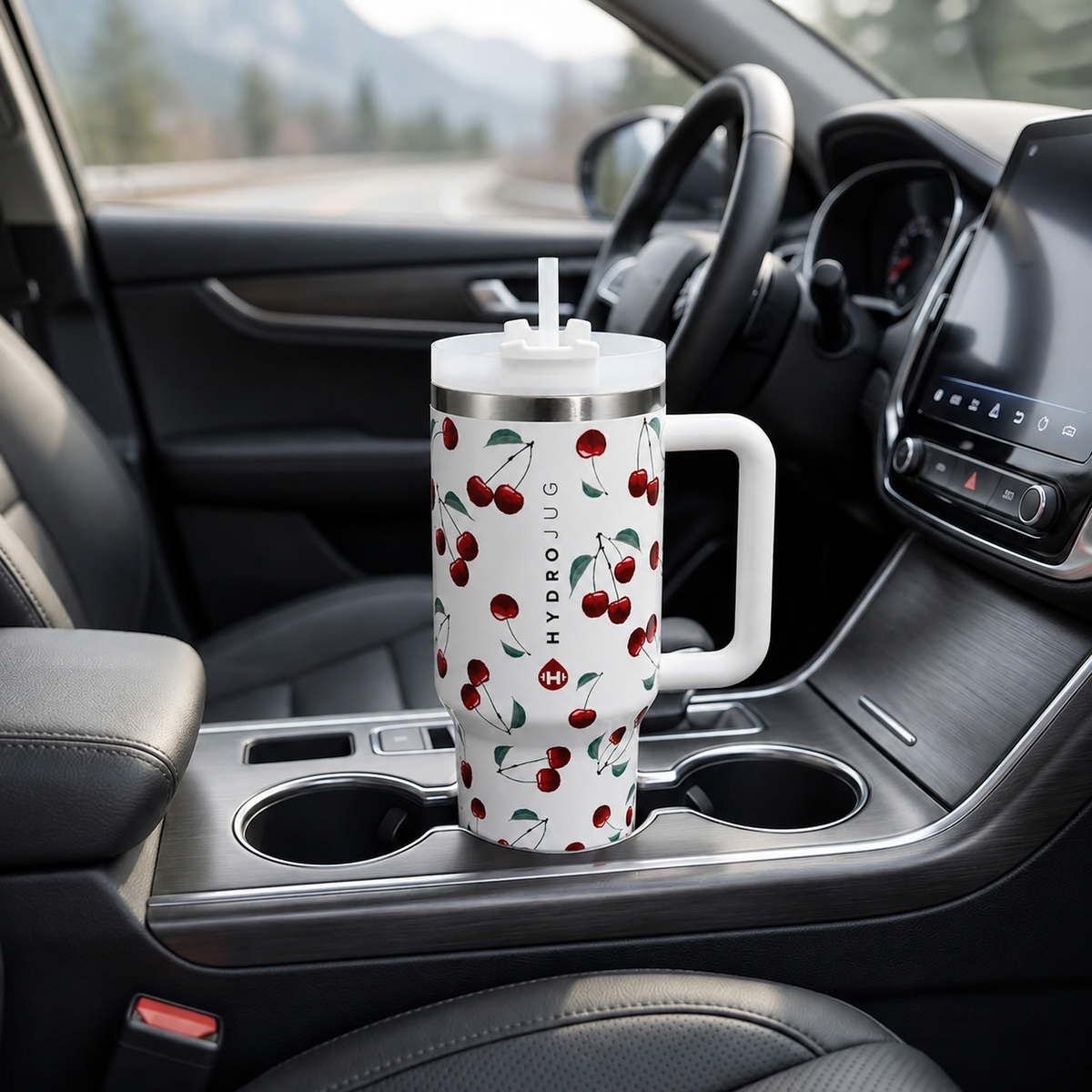 White stainless steel water tumbler bottle with cherry design-3