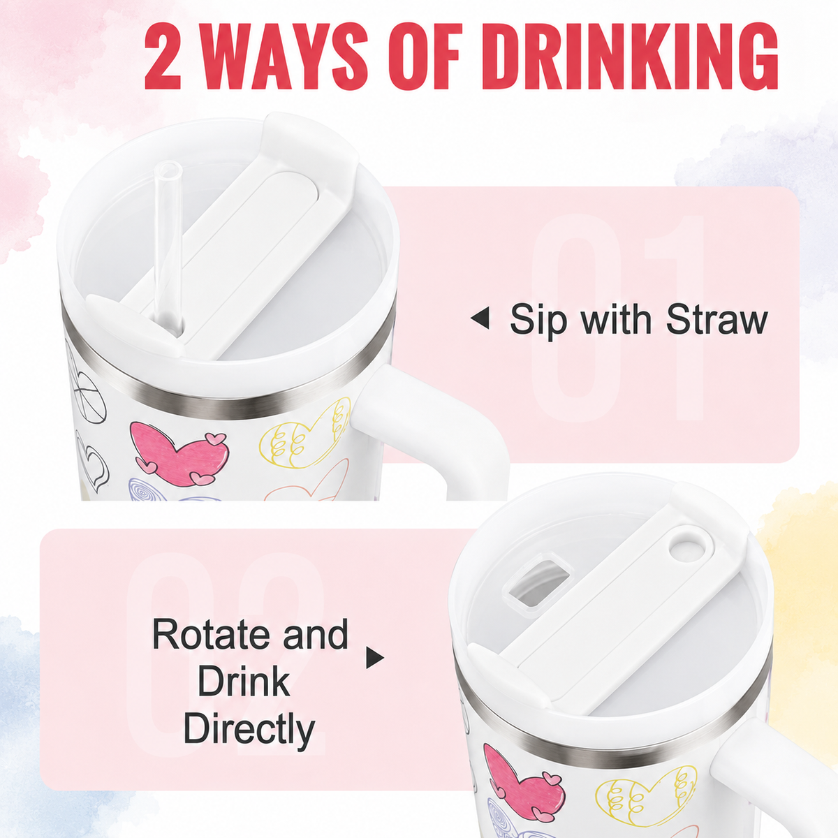 White stainless steel water tumbler bottle with colourful heart designs-2