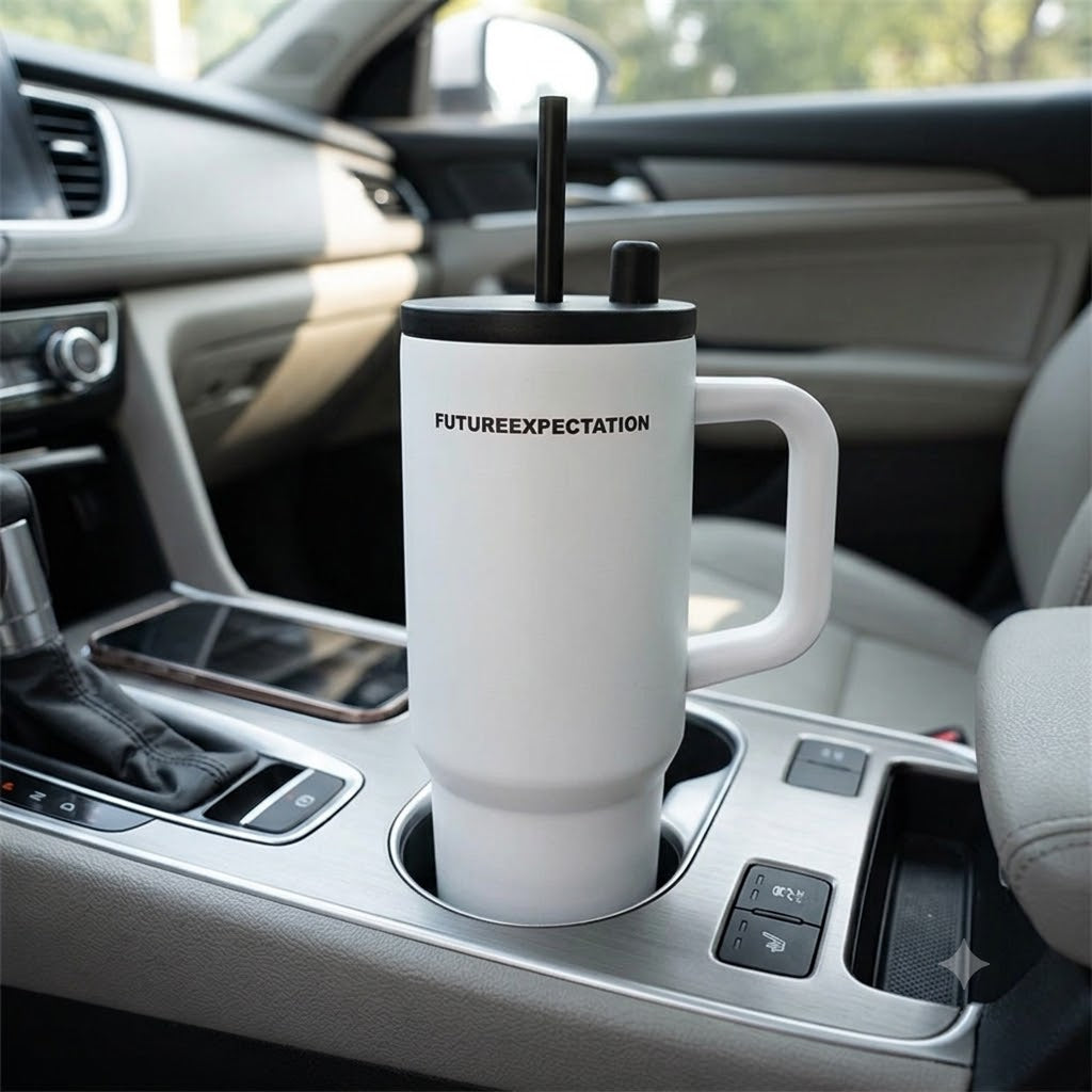 White stainless steel water tumbler bottle with handle and straw