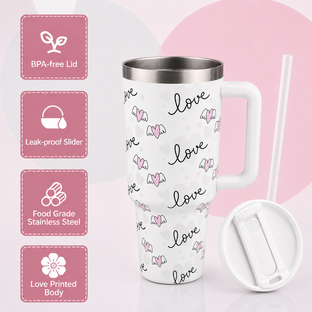 White stainless steel water tumbler bottle with love hearts-2