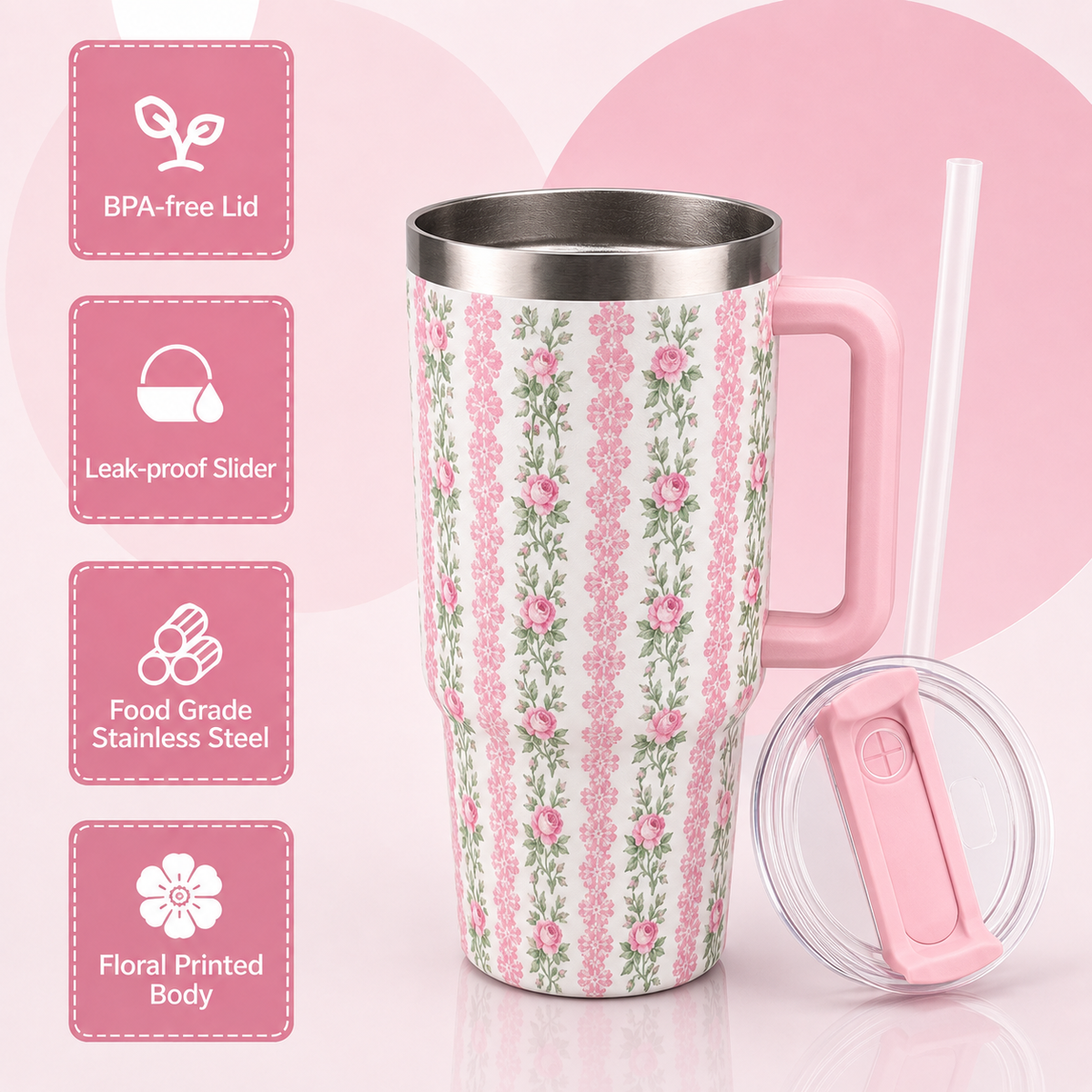 White stainless steel water tumbler bottle with pink floral design-1