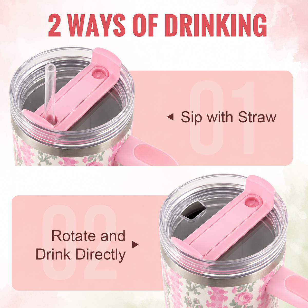 White stainless steel water tumbler bottle with pink floral design-2