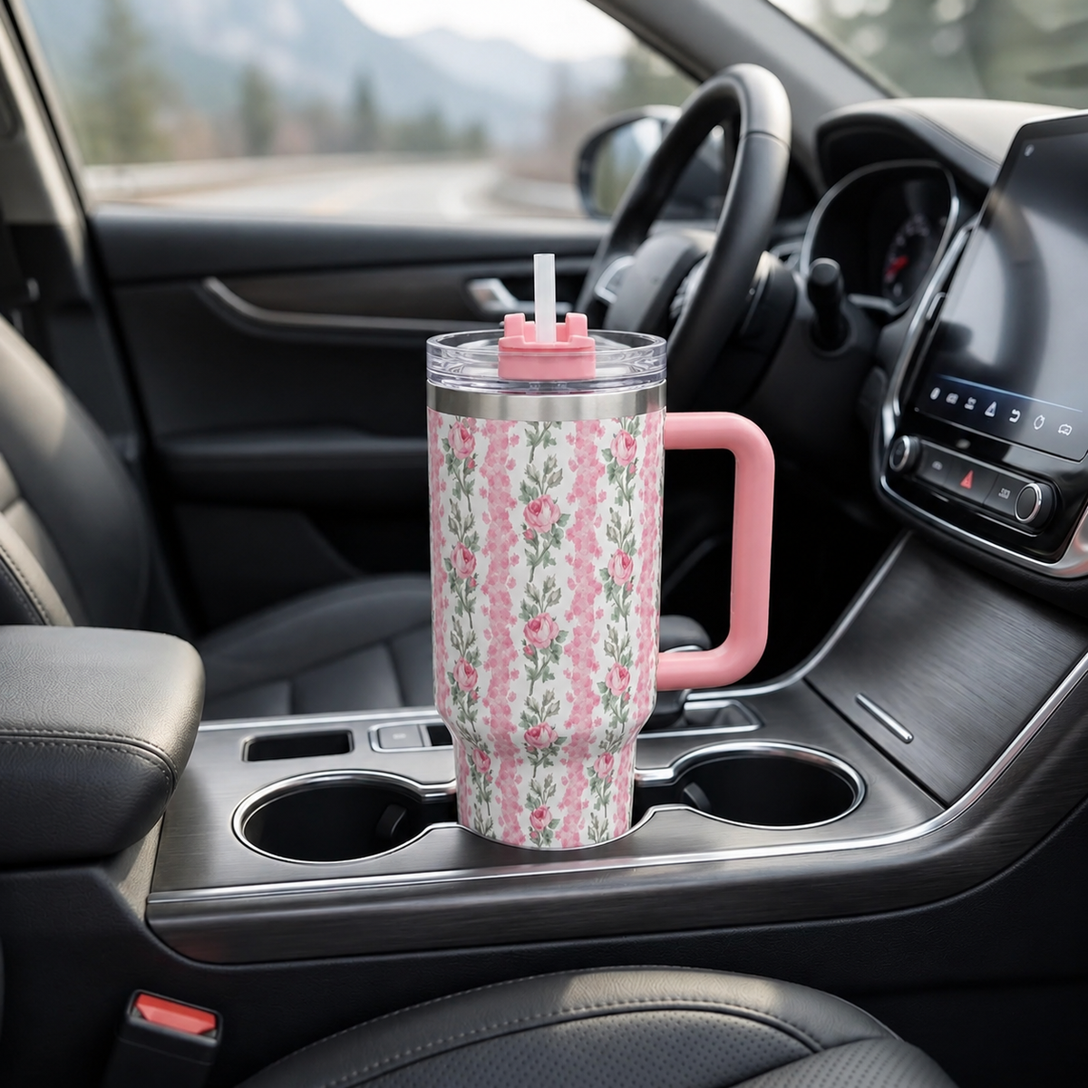 White stainless steel water tumbler bottle with pink floral design-3