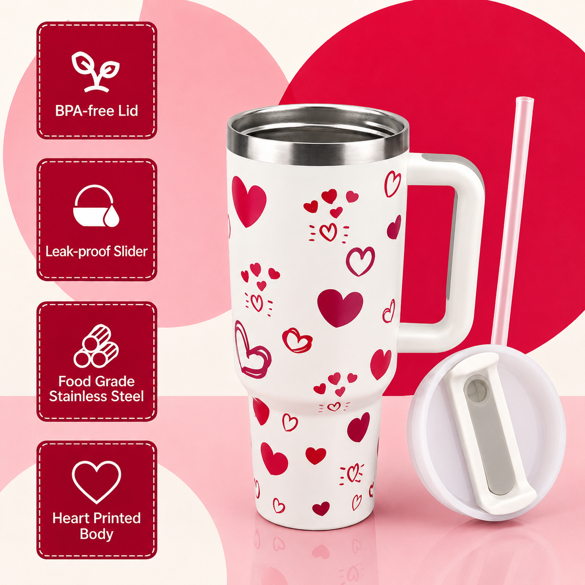 White stainless steel water tumbler bottle with red heart design-1