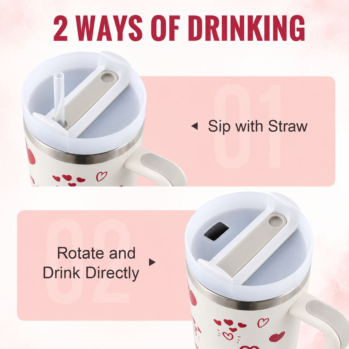 White stainless steel water tumbler bottle with red heart design-2
